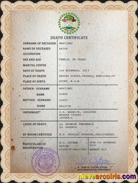 Belize death certificate